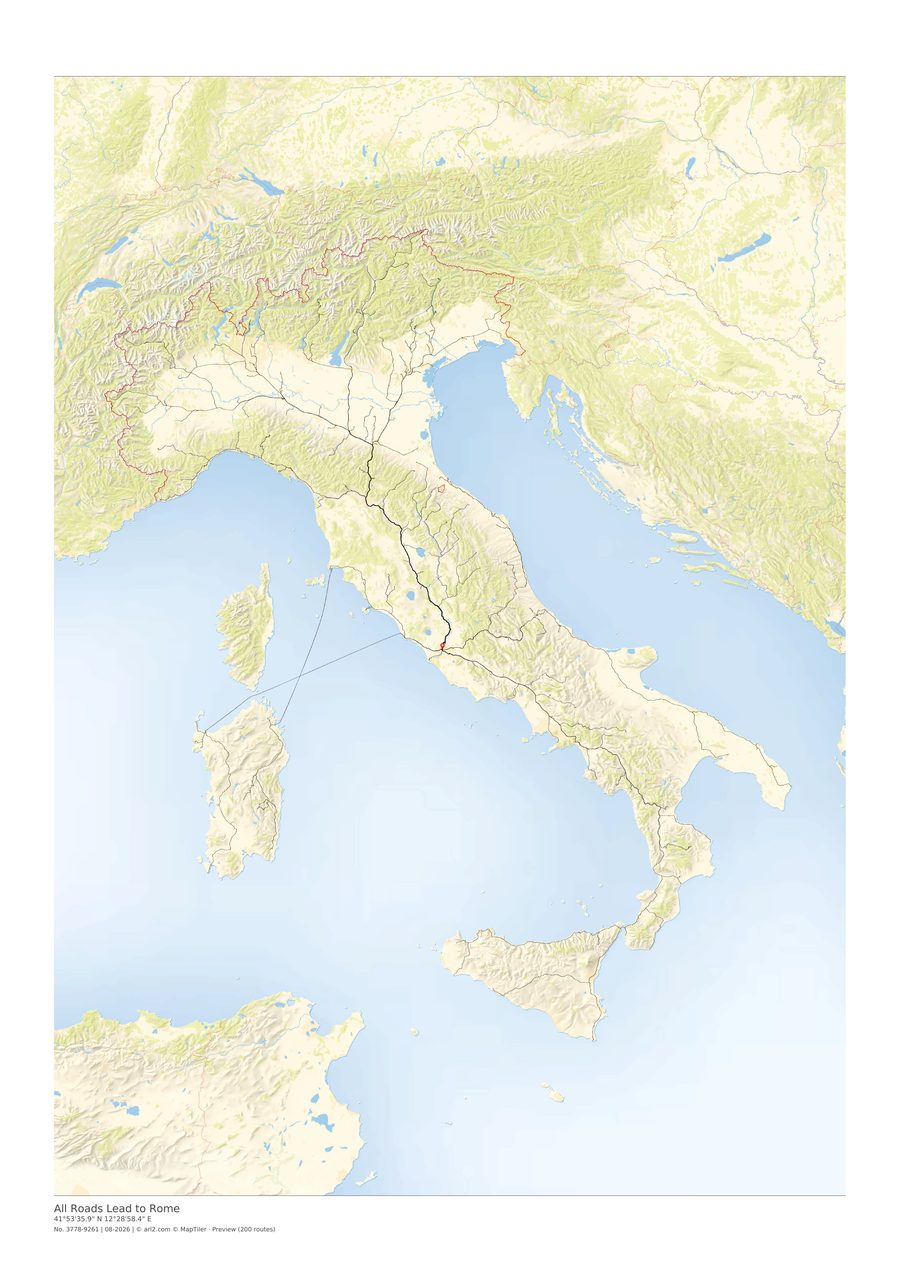 Sample A2 road-map art: All Roads Lead To Rome